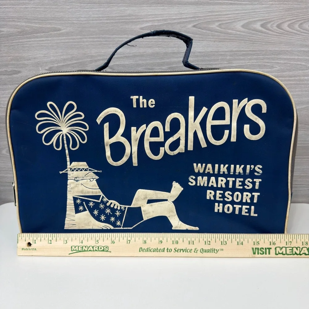Vintage The Breakers Waikiki Hawaii Souvenir Travel Bag Natco Blue Suitcase